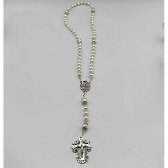 Vintage Rosary Necklace Faux Pearl Silver Tone Ornate Cross Religious Beaded - Picture 7 of 11